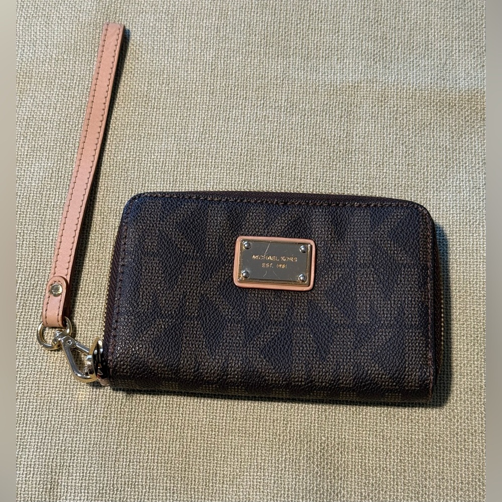 Michael Kors Dark Brown Wristlet with Tan Strap
